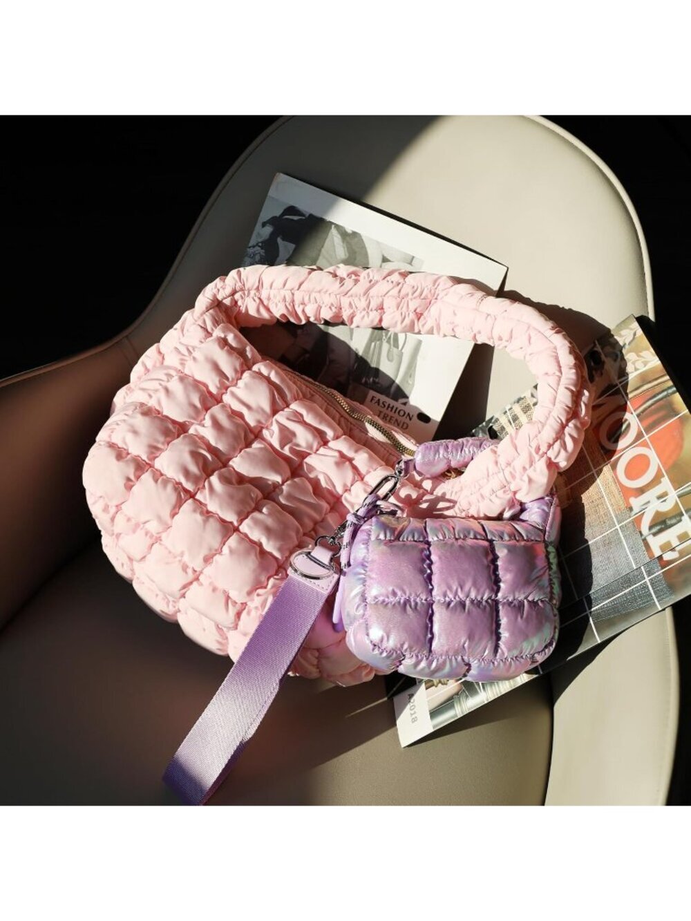 Women Light Purple Zipper Mini Quilted Tote Wristlet Wristlet Cute Crossbody Bag - Picture 3 of 6